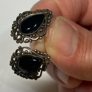 Elegant Vintage Silver Black OnyxTeardrop Earrings